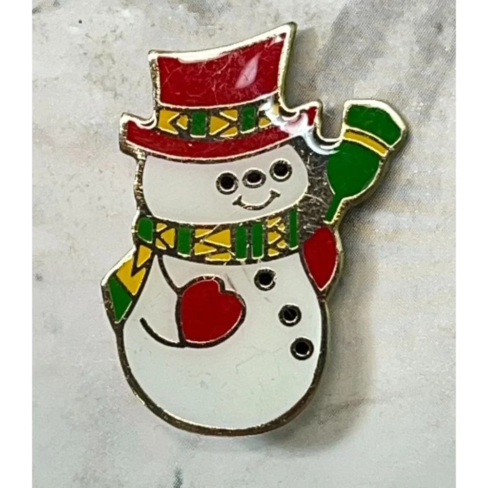 Vintage Christmas Pin Snowman Brooch Enamel Red Hat Gold Tone